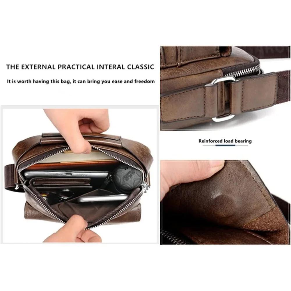 💫 Men Brown Vintage Leather Zipper Buckle Handle Simple Portable Messenger Bags